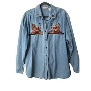 Faded Glory VTG Christmas Womens 18-20 Denim Blouse Embroidered Bear And Trees.
